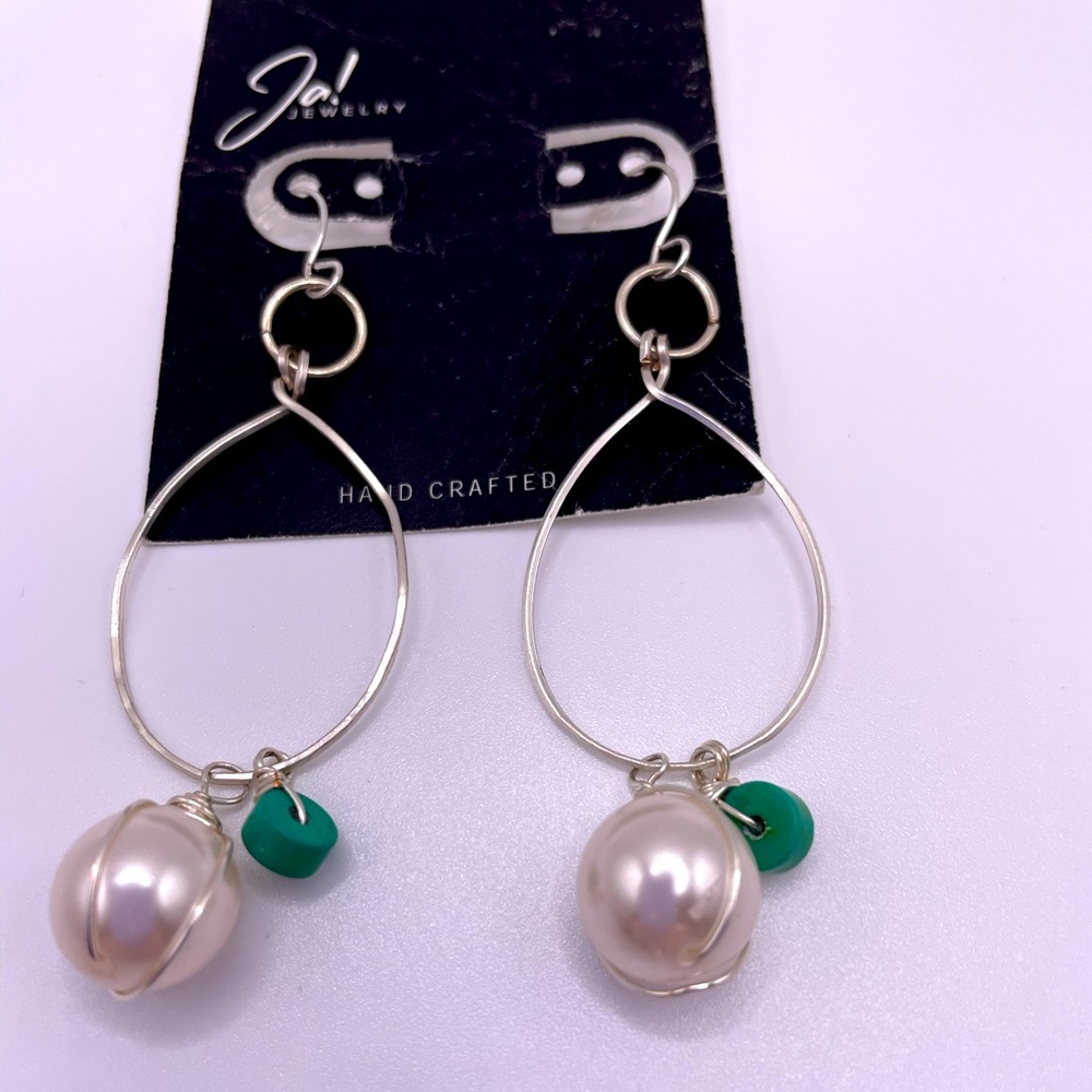 NEW Turquoise pearl handcrafted hammered drop hoop earrings.